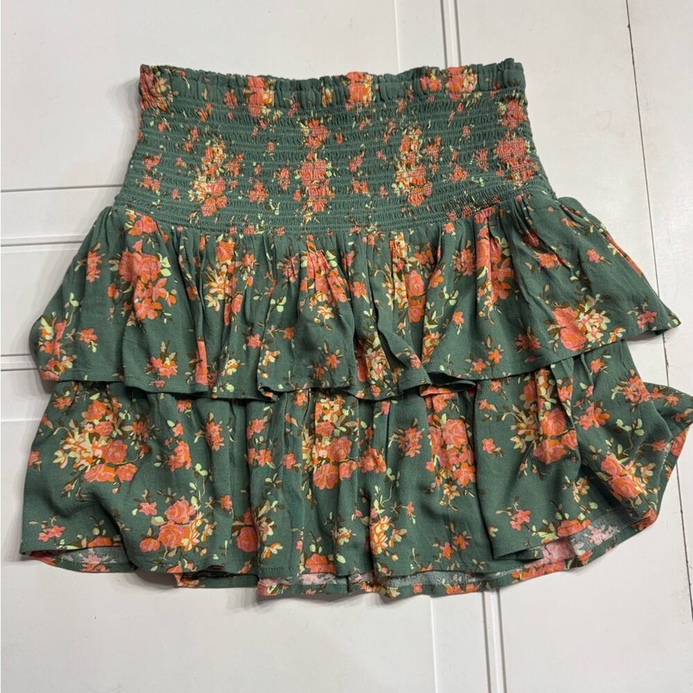 Aerie Women's Sz S Smocked Layered Tiered Floral Green Ruffle Skirt Viscose